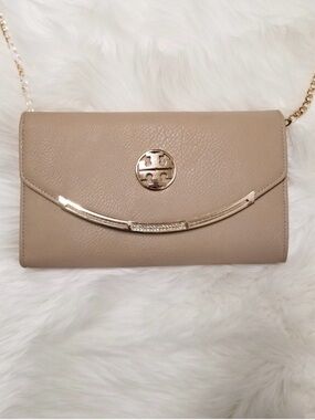 TORY BURCH Beige Chain Wallet Clutch Handbag